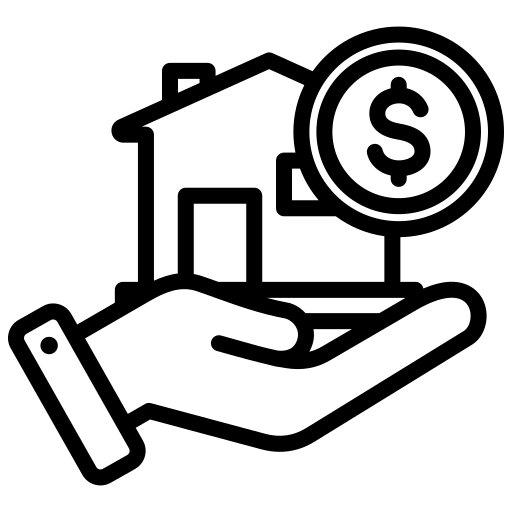 Hand mit Geldsymbol, die auf ein steigendes Diagramm und ein Haus zeigt.