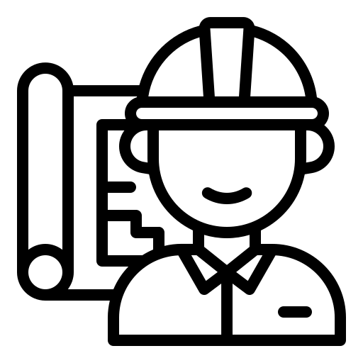 Bauarbeiter mit Helm und Bauplan im Hintergrund.