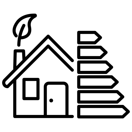 Haus mit einem Blattsymbol und Richtungspfeilen zur Energieeffizienz.