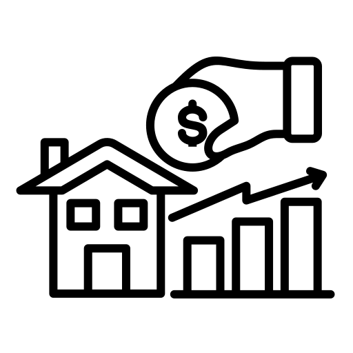 Hand mit Geldsymbol, die auf ein steigendes Diagramm und ein Haus zeigt.