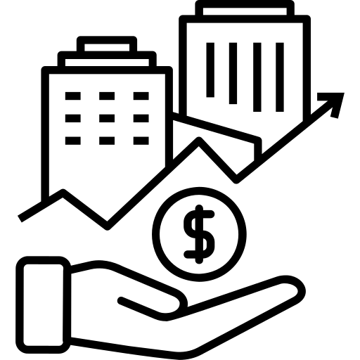 Hand hält Münze mit aufsteigender Grafik und Gebäuden im Hintergrund.