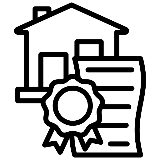 Haus mit einer Urkunde oder Zertifikat daneben, symbolisiert Eigentum oder rechtliche Dokumente.